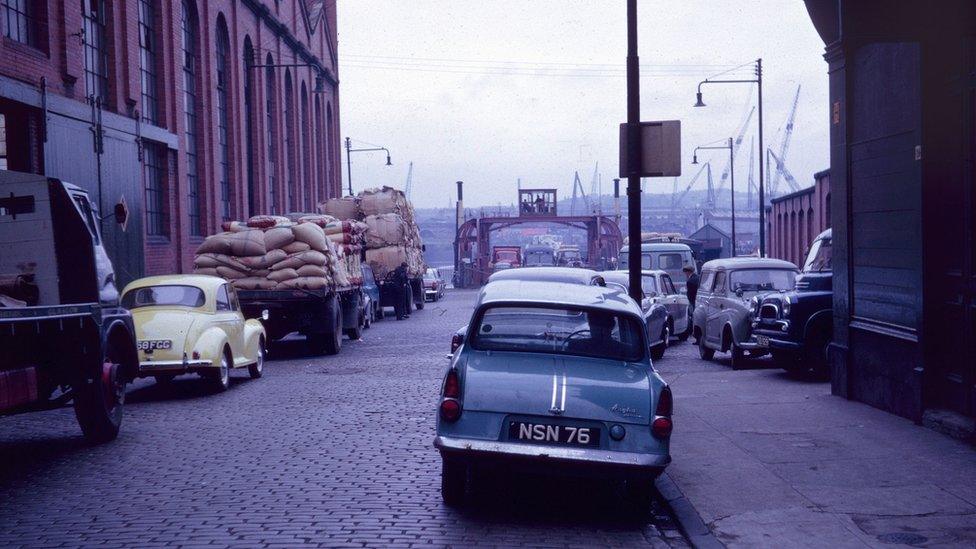 Vehicles lining up to board the Govan Ferry early 1960s