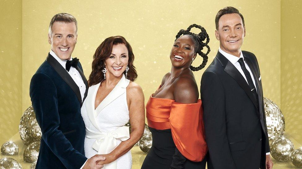 strictly come dancing judges lined up in a row from left to right anton du beke, shirley ballas, motsi mabuse and craig revel horwood