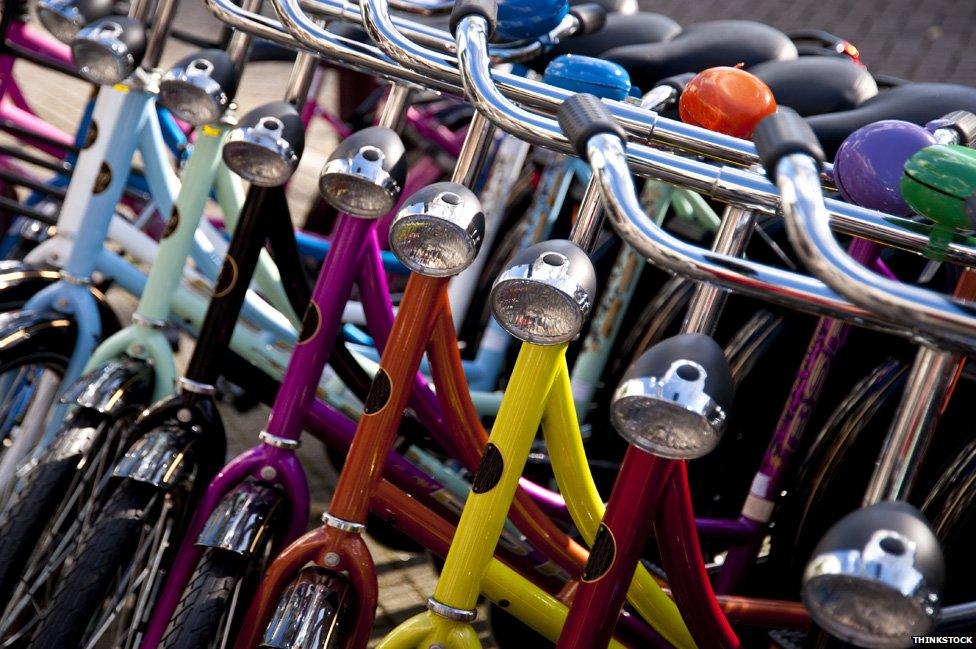 Colourful bikes parked in the Netherlands