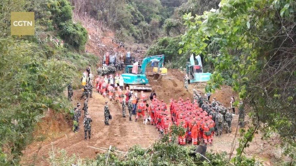 Workers stand around a flooded ditch in the forest crash site