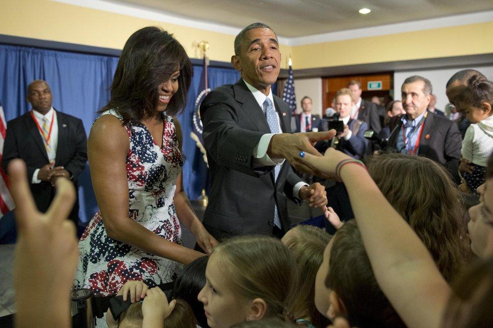 US President Barack Obama and First Lady Michelle Obama greet children of US embassy staff in Havana