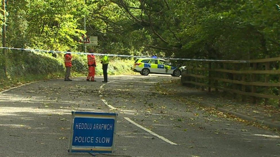 Police officers pictured at a road closed by damage to trees caused by strong winds