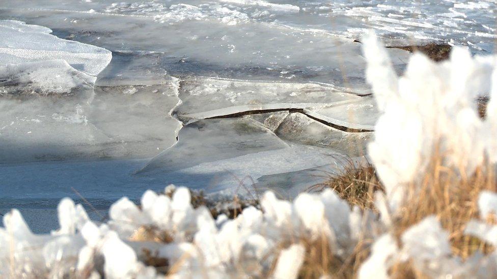 The ice crack at Daer Reservoir near source of the River Clyde