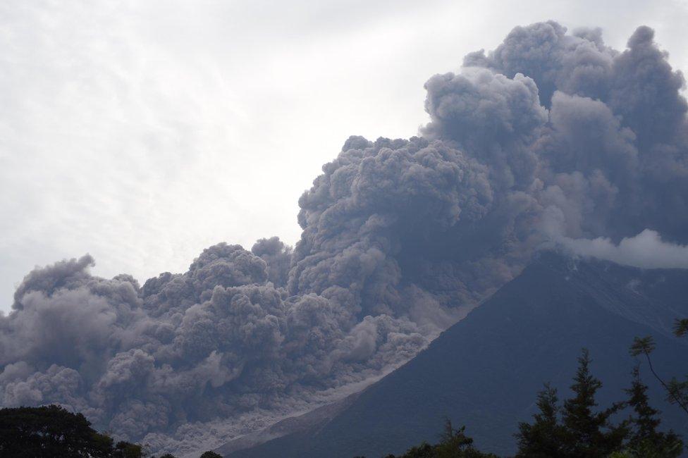 The Fuego Volcano in eruption, seen from Alotenango municipality