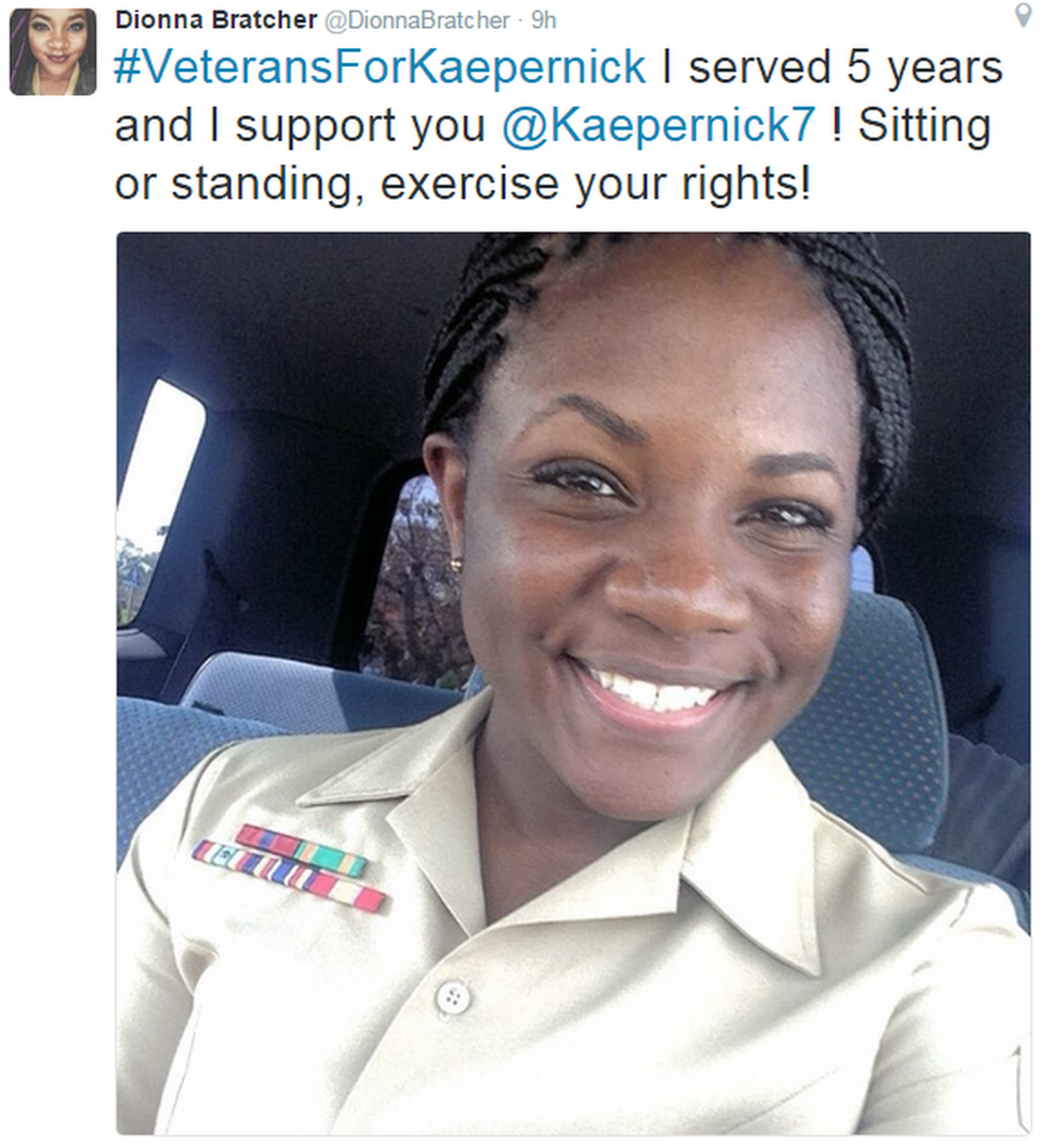 A tweet reads: "#VeteransForKaepernick I served 5 years and I support you @Kaepernick7 ! Sitting or standing, exercise your rights!"