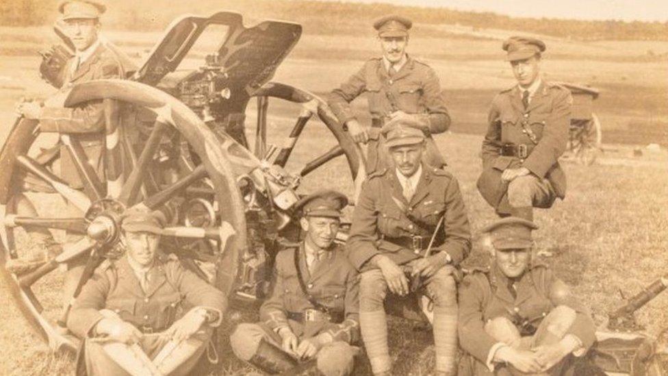 Officers of D Battery, 95th Brigade, Royal Field Artillery. Nesle L’Hôpital, June 1918. Harry Fox is bottom row, far right