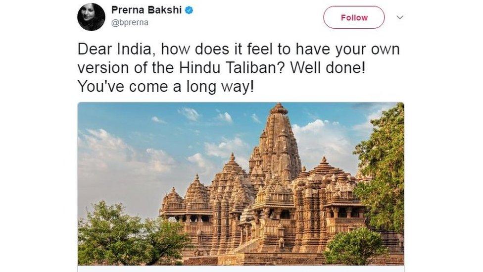 "Dear India, how does it feel to have your own version of the Hindu Taliban? Well done! You've come a long way!," commented Prerna Bakshi on twitter.