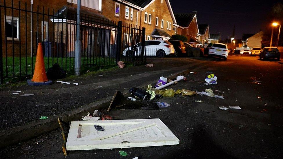 General view of the debris outside the stadium after the pre-match disturbances with the Legia Warsaw fans