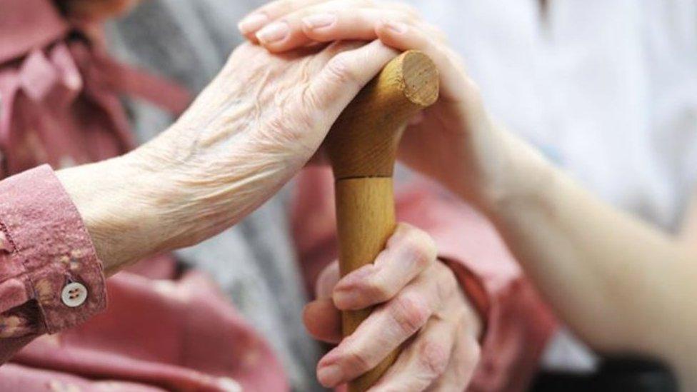 A hand holding a walking stick