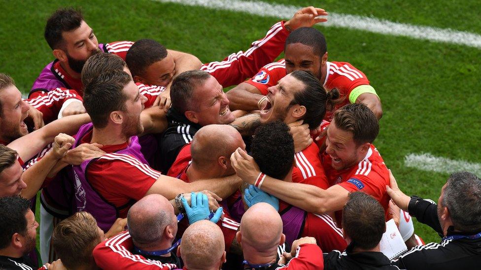 Wales fans celebrate Gareth Bale's goal against Slovakia in Euro 2016