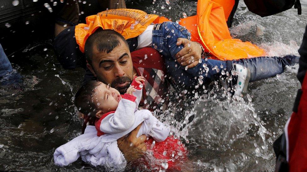 A family of Syrians off the Greek island of Lesbos, 2015