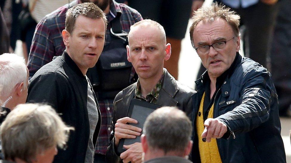 Ewen Bremner, middle, with Trainspotting co-star Ewan McGregor and director Danny Boyle on set of Trainspotting 2