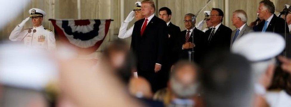 President Trump at the commissioning ceremony for a new aircraft carrier in Virginia, 22 July 2017