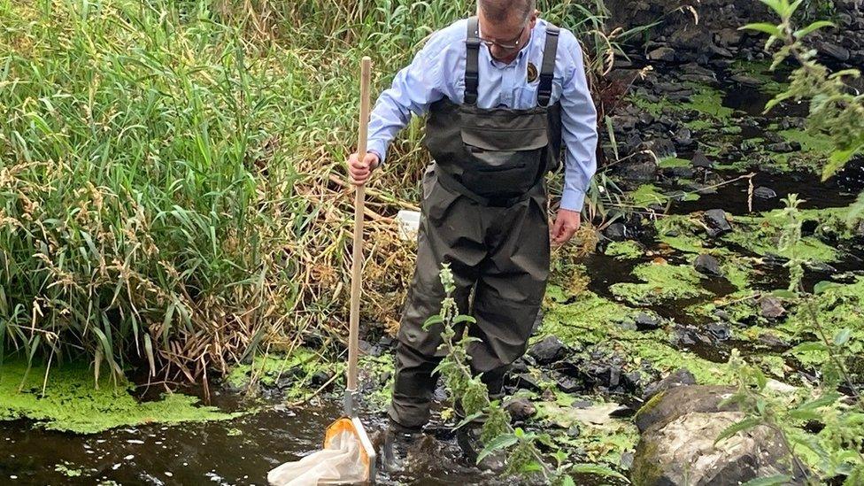 Gary Houston sampling the riverbed for invertebrate life