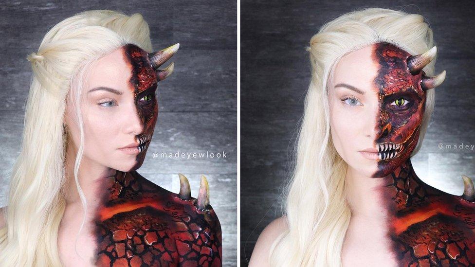 YouTuber Madeyewlook paints transforms herself into Daenerys Targaryen from Game of Thrones painting half her face as her red dragon Drogon and the other half as Dany