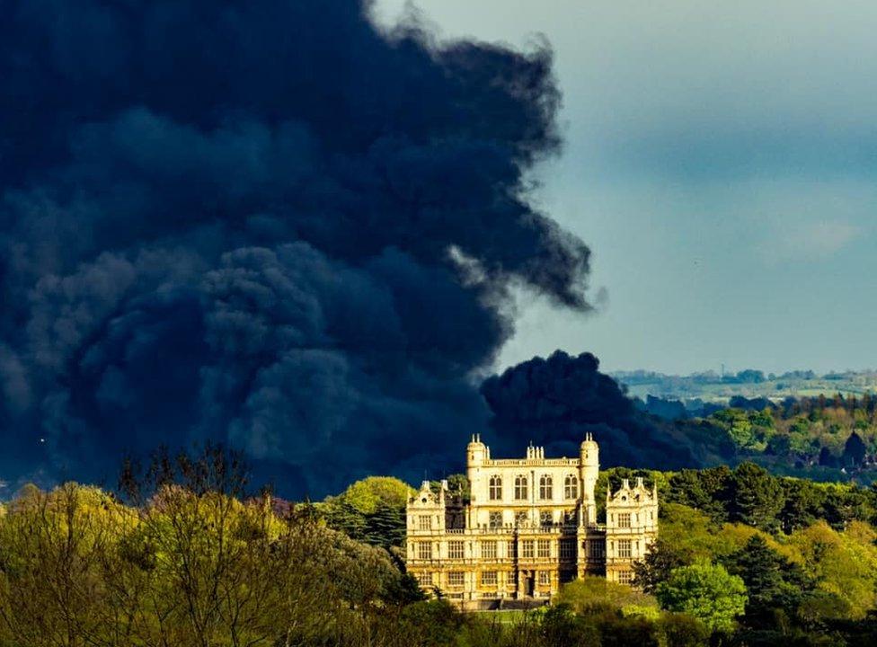 Large plumes of black smoke was seen from Wollaton Hall, in Nottingham