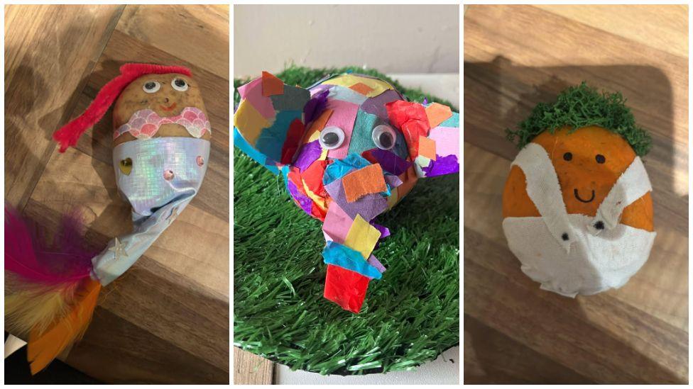 Three images of different potatoes decorated to represent different characters: on the left is a mermaid potato with red felt hair and a silver tail; in the middle is a potato decorated to look like multi-coloured patchwork elephant Elmer; and on the right is a potato covered in white felt overalls and a green hair to look like an Oompa Loompa