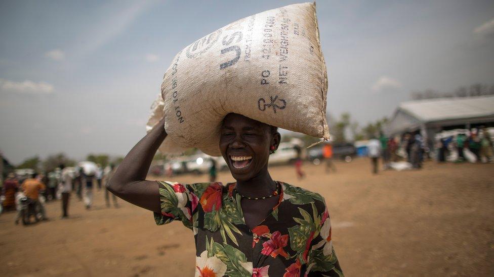 Food is distributed by WFP, 'World Food Programme' at the Bidi Bidi refugee camp on February 22, 2017 in Arua, Uganda.