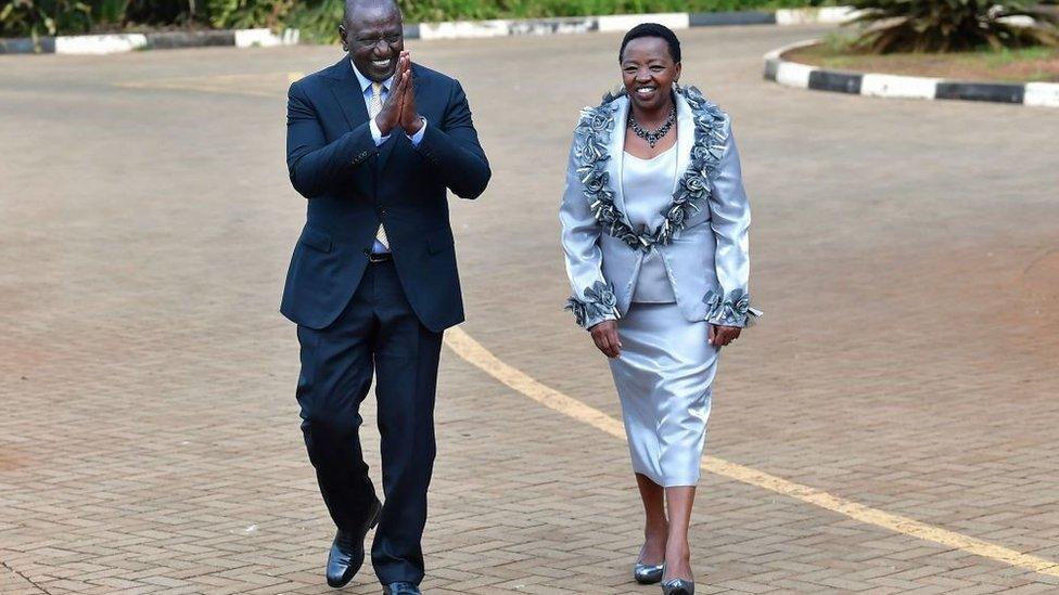 Kenyan President elect William Ruto (L) is accompanied by his wife, Rachel (R), as he heads to give a press conference at his official residence following a Supreme Court of Kenya ruling on the contested outcome of Kenya's presidential election, Nairobi, on September 5, 2022