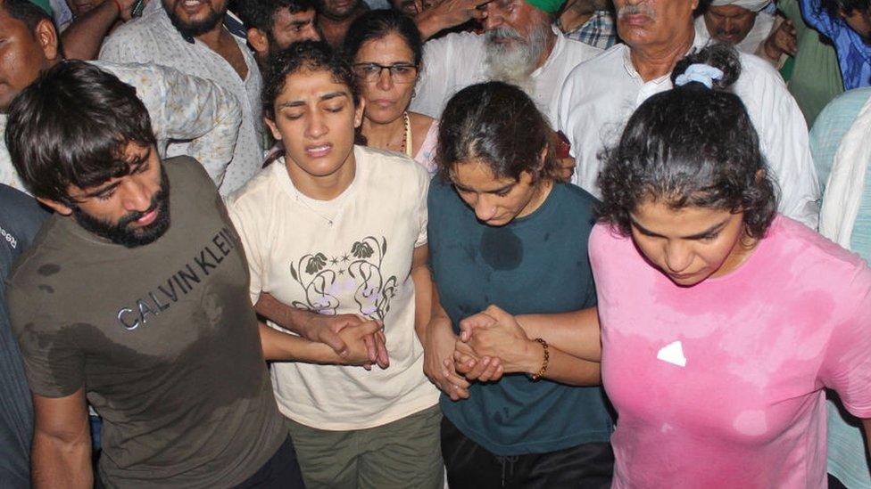 Indian wrestlers along with their supporters gather to immerse their medals in the river Ganges to protest against Brij Bhushan Singh in Haridwar on May 30, 2023