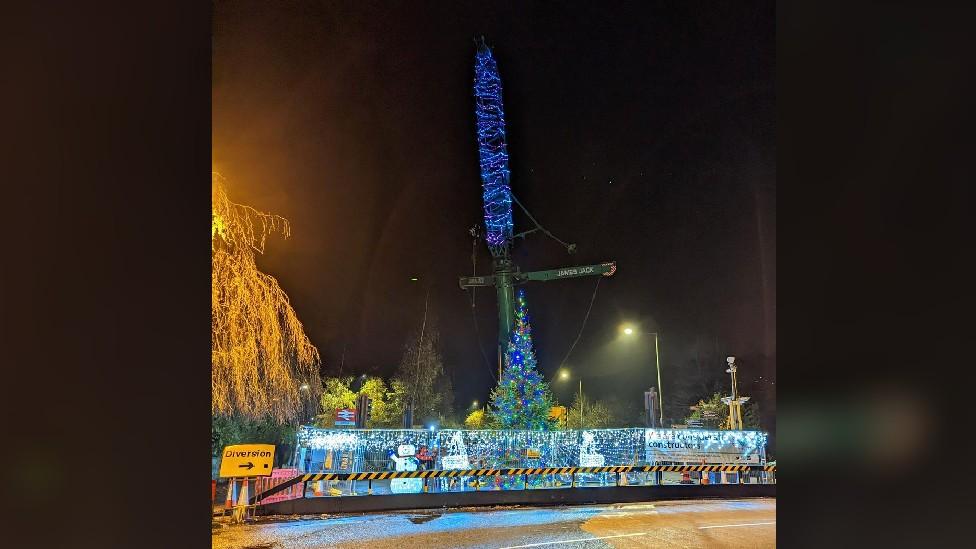 Crane in Matlock decorated with Christmas lights