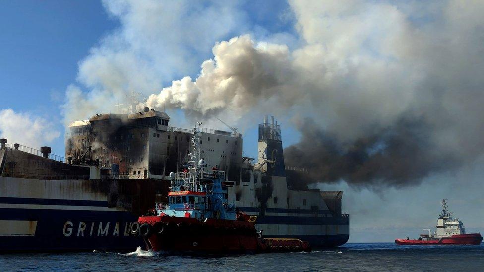 Firefighting forces continue their battle against pockets of fire and extremely high temperatures on the burning ferry Euroferry Olympia on Saturday