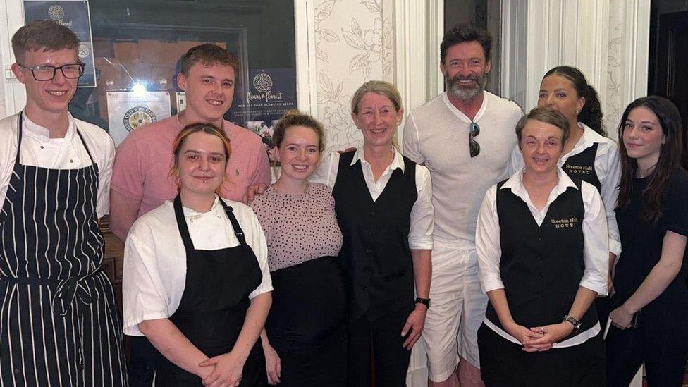 Hugh Jackman with staff at Steeton Hall Hotel