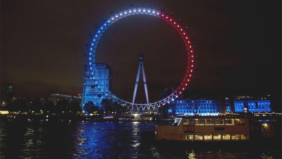 London Eye lit up in the colours of the French flag