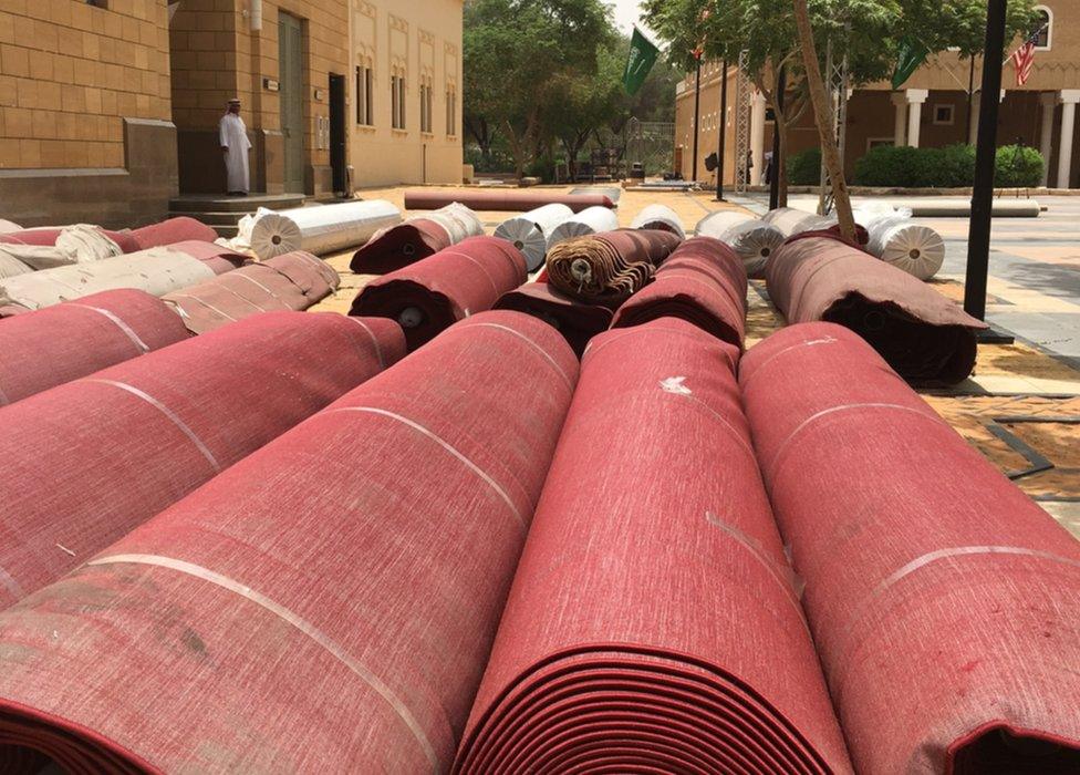 Rolls of red carpet in Riyadh, Saudi Arabia, ahead of the visit of US President Donald Trump