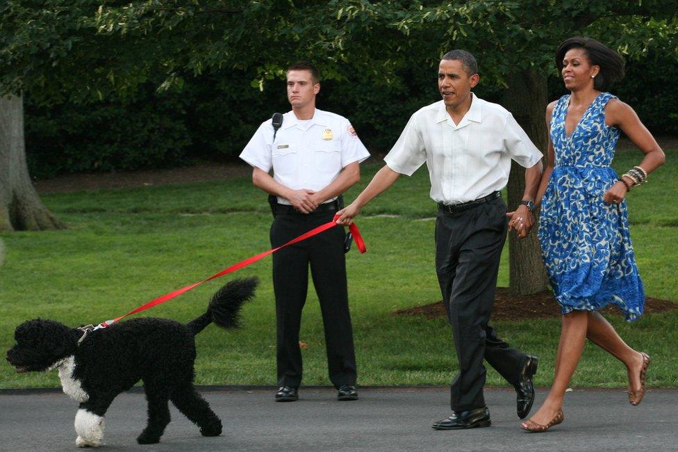 President Barack Obama and first lady Michelle Obama walk their dog Bo outside the White House