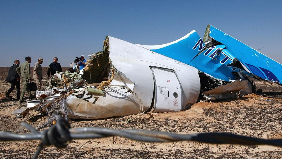 Russian Emergency Minister Vladimir Puchkov (4th L) visiting the crash site of a A321 Russian airliner in Wadi al-Zolomat, a mountainous area of Egypt's Sinai Peninsula