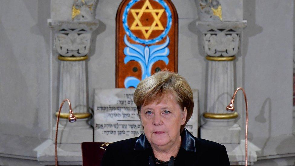 German Chancellor Angela Merkel speaks during a ceremony at the Synagogue Rykestrasse in Berlin on November 9, 2018