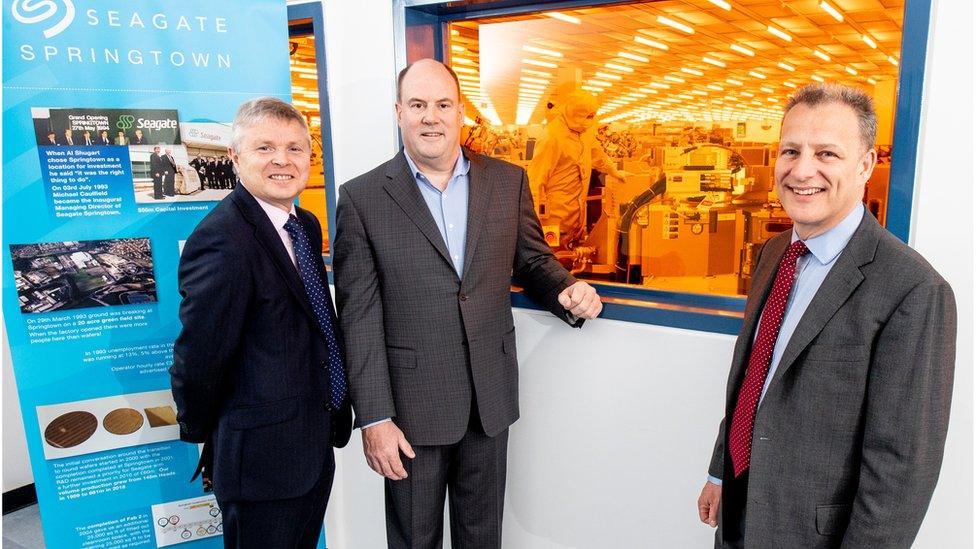 Noel Lavery, Permanent Secretary at the Department for the Economy, Dave Mosley, Chief Executive Officer of Seagate Technology and Jeremy Fitch, Executive Director at Invest Northern Ireland