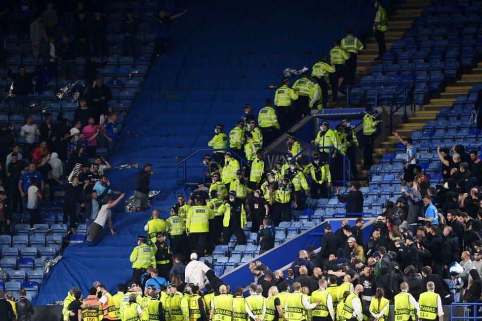 Fans being separated during the Conference League game