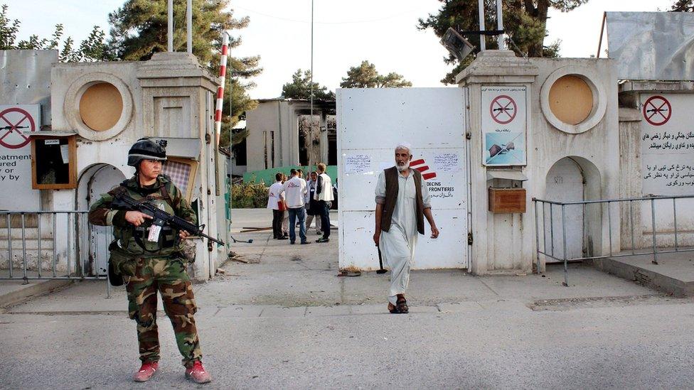 An Afghan soldier guards a Doctors Without Borders hospital in Kunduz