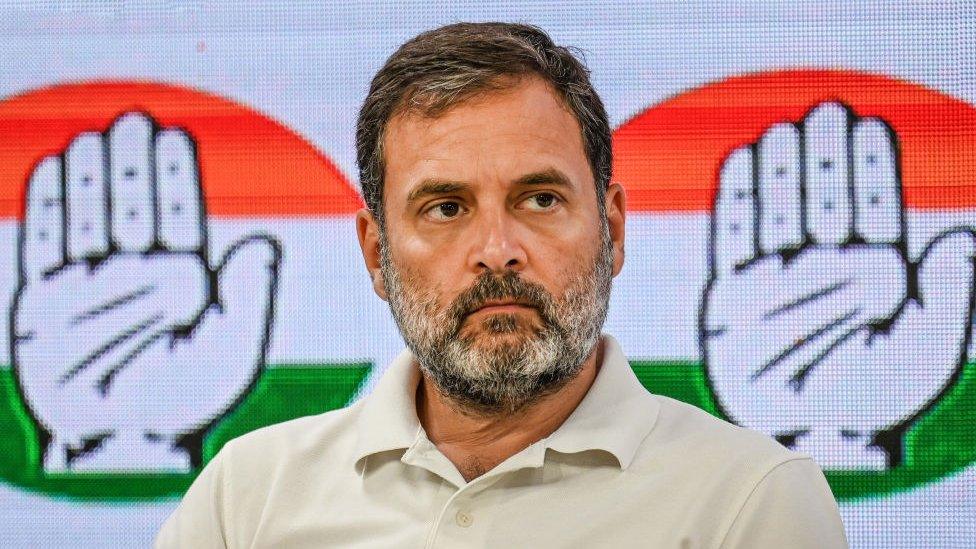 NEW DELHI, INDIA - MARCH 21: Congress party Leader Rahul Gandhi during a Special press conference over freezing of Congress party's bank accounts at the Congress party headquarters on March 21, 2024 in New Delhi, India. In February, the income tax department seized the party's four main bank accounts on an income tax demand of 210 crore for 2018-19. Income Tax Appellate Tribunal dismissed the grand old party's application.(Photo by Raj K Raj/Hindustan Times via Getty Images)