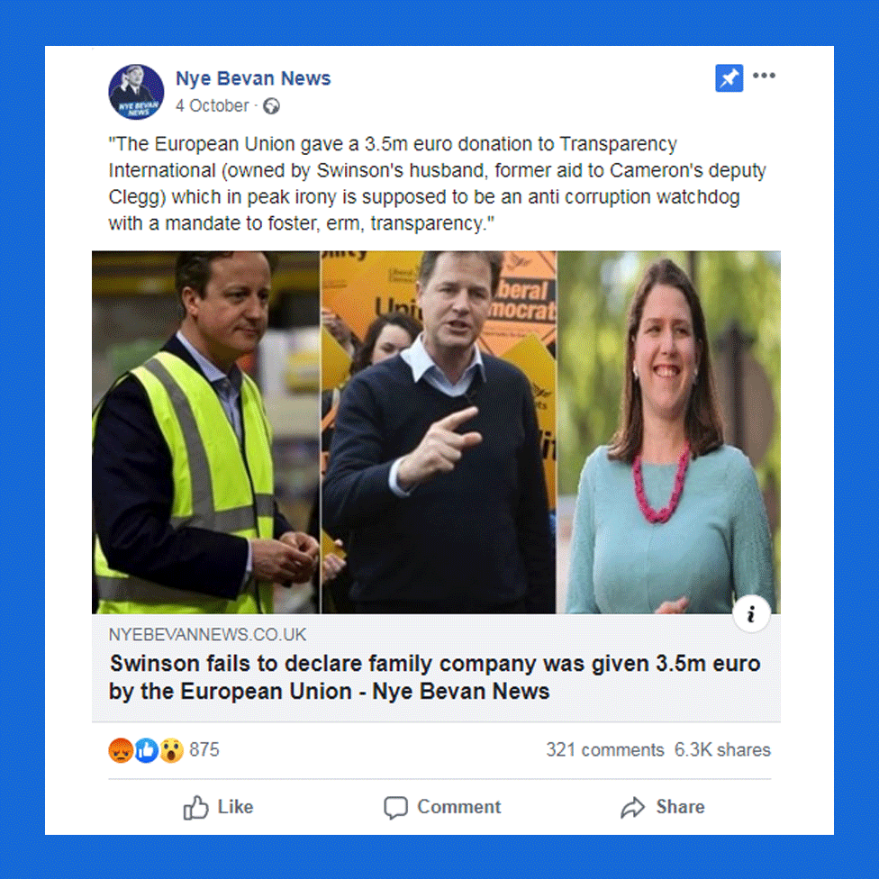 Post from "Nye Bevan News" with headline "Swinson fails to declare family company was given 3.5m euro"