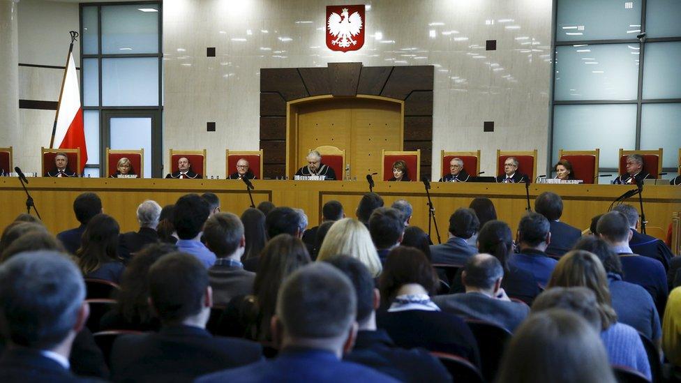 Judges of Poland's Constitutional Court attend session in Warsaw