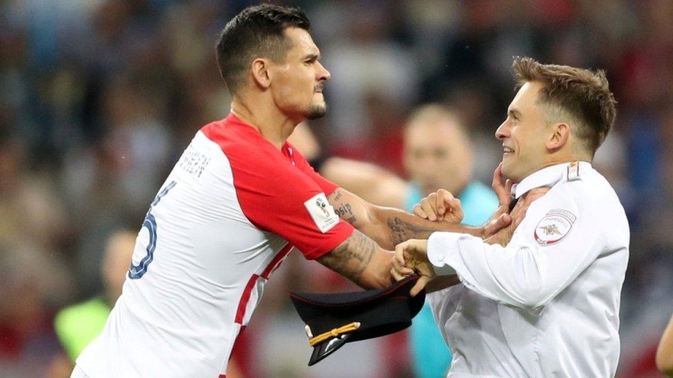 Croatia's Dejan Lovren squared up to Mr Verzilov during the World Cup final pitch invasion