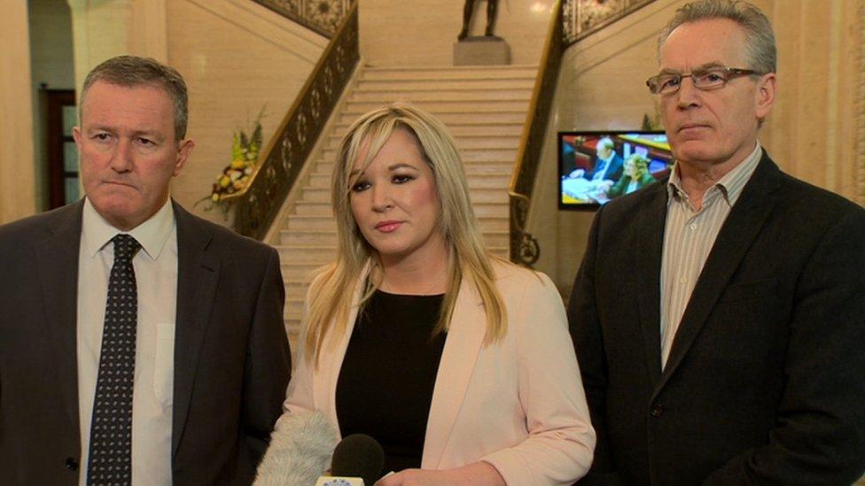 Sinn Fein MLAs Conor Murphy, Michelle O'Neill and Gerry Kelly