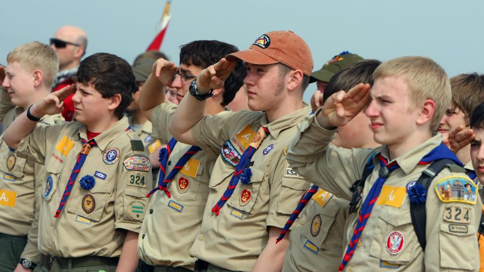 US boy scouts salute while listening to the national anthem - 16 April 2011