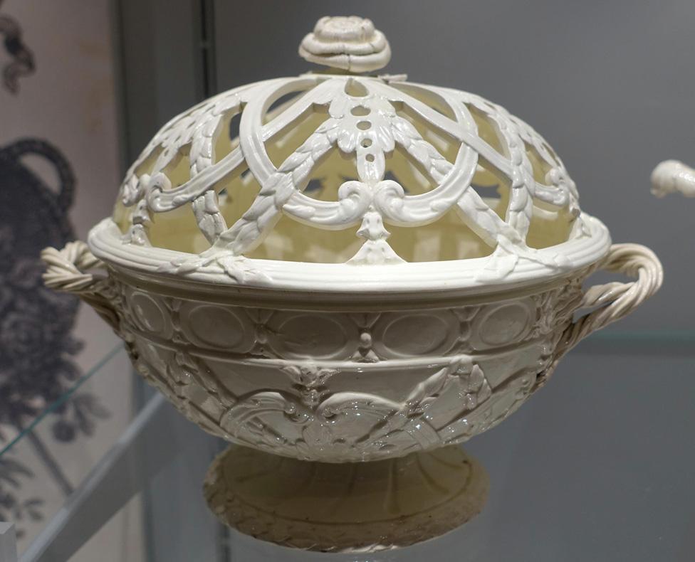 Queen's Ware basket, shape 32 in the first Queen's Ware catalogue, c. 1774, photographed in the Wedgwood Museum