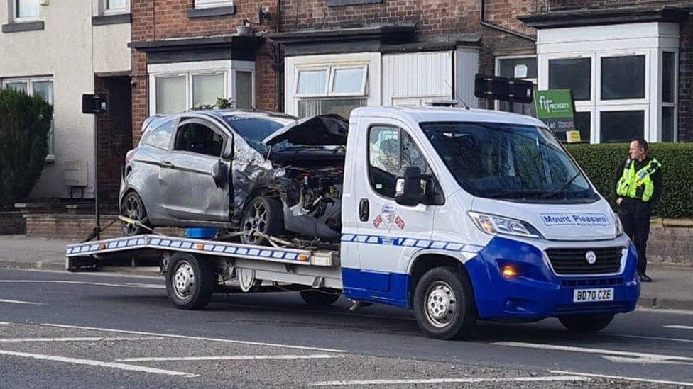 Crashed car, Queens Road, Sheffield