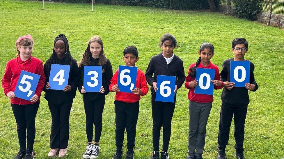 School children in Edinburgh hold up numbers to illustrate Scotland's new total population