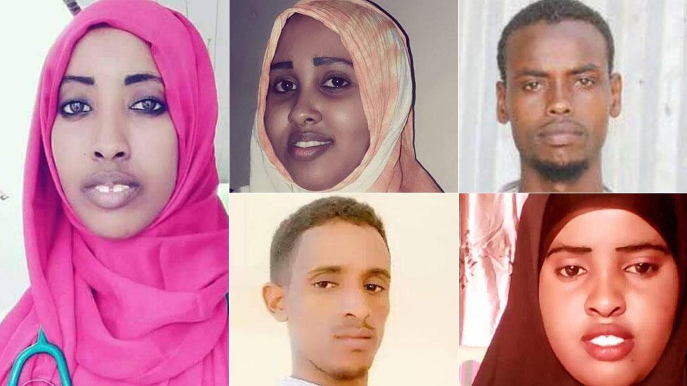 Maryam Abdullahi (Left), Fa'iso Hassan Ali (Top middle), Suleiman Nuur Ali (Right top), Asad Abdi Abiid (Bottom middle), Bureeqo Abdullahi Adan (Right bottom