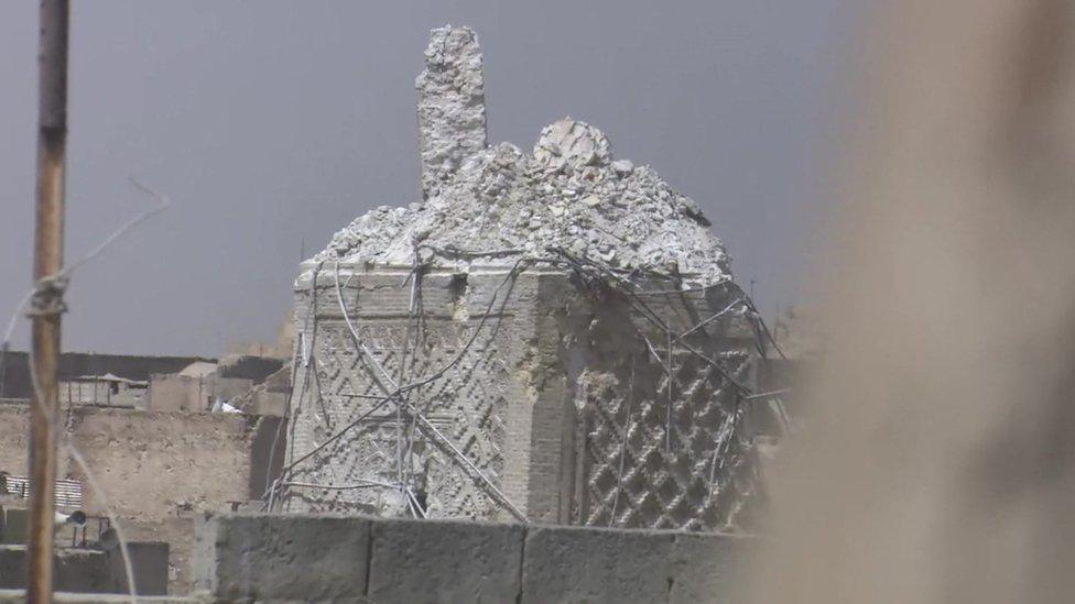 Destroyed minaret in the al-Nuri mosque in Mosul - 22 June 2017