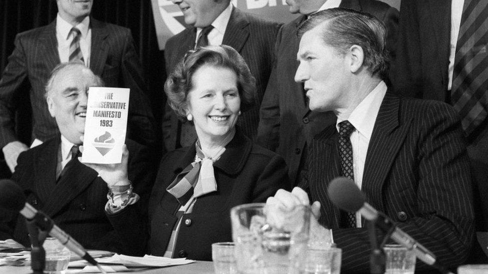 Margaret Thatcher with the 1983 manifesto