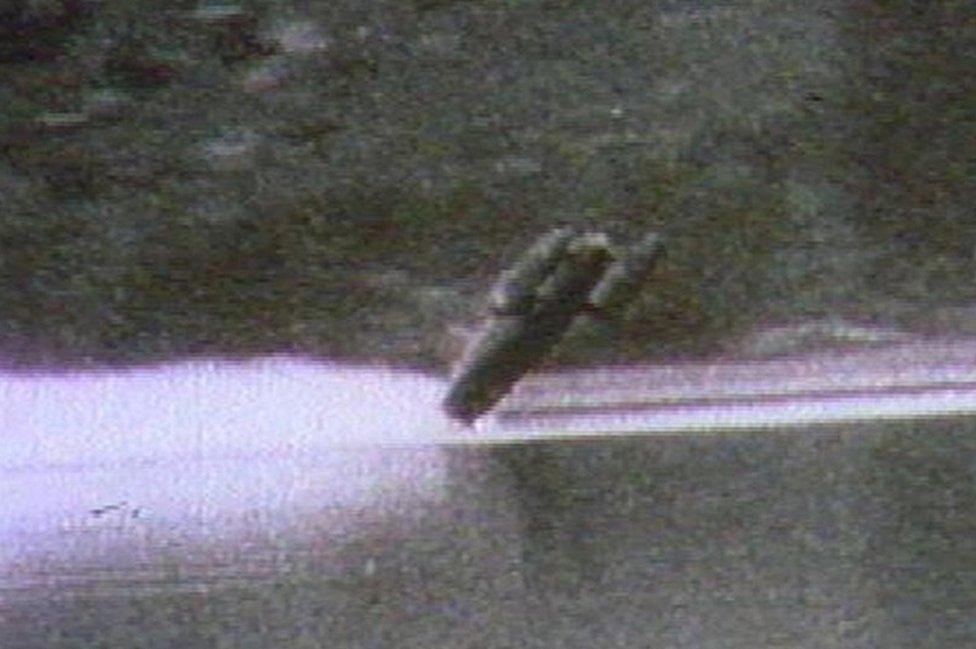 Bluebird flips out of the water at Coniston in January 1967 in the crash which killed Donald Campbell