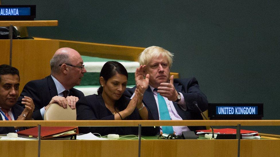 Foreign Secretary Boris Johnson and International Development Secretary Priti Patel were among those watching the PM's speech