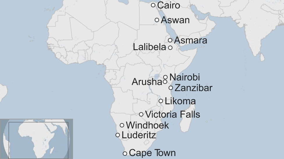 Map of planned stops en route from Cape Town to Egypt